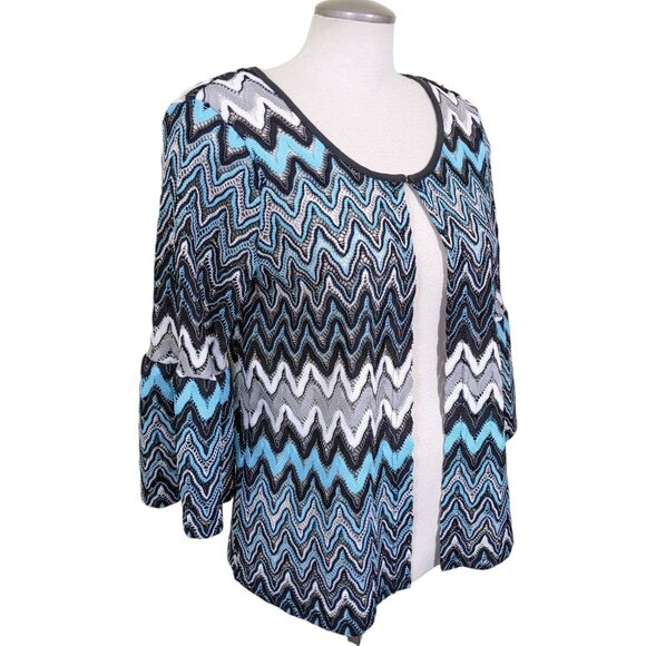 Vintage Open Front Knit Light Jacket Cardigan Womens M Blue Chevron Bell Sleeves - Picture 2 of 5